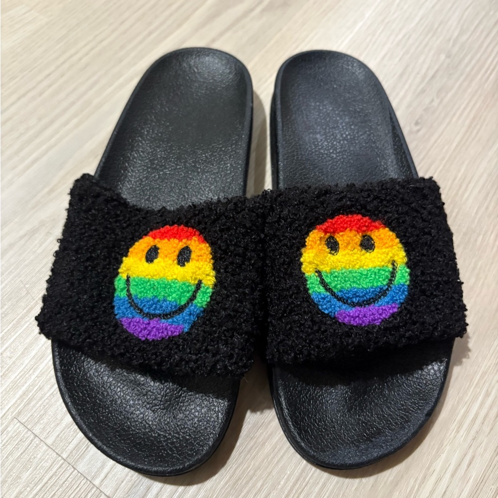 Black Slides with Rainbow Smiley Design